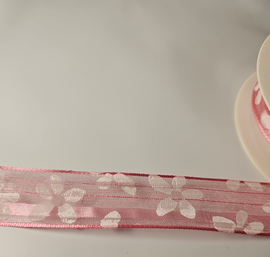 Sheer Pink Ribbon with White Flower Print 25mm 2.42m