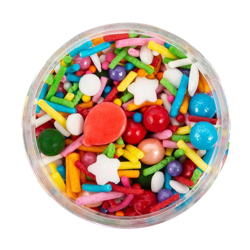 Throw a party that pops with color! Our It’s My Party Sprinkles in a handy 100g bag is packed with joyful shapes like:
Jimmies
Stars
Circles
Cachous
Nonpareils
Balloons
Whether you're decorating cupcakes, cakes, or cookies, this vibrant blend is a guaranteed crowd-pleaser — from toddlers to grandparents.
Bright, playful, and perfect for party prep! Size: 100g resealable bag Colors may appear differently depending on your screen.