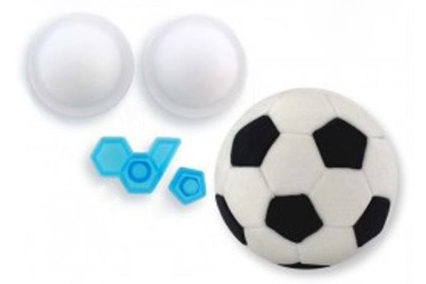 JEM Soccer Ball 3D Former with two mould halves for creating 4 cm fondant balls.