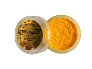 Small 4g pot of Caroline’s Lemon Yellow Petal Dust in a bright yellow shade, used for colouring sugar flowers and fondant decorations.