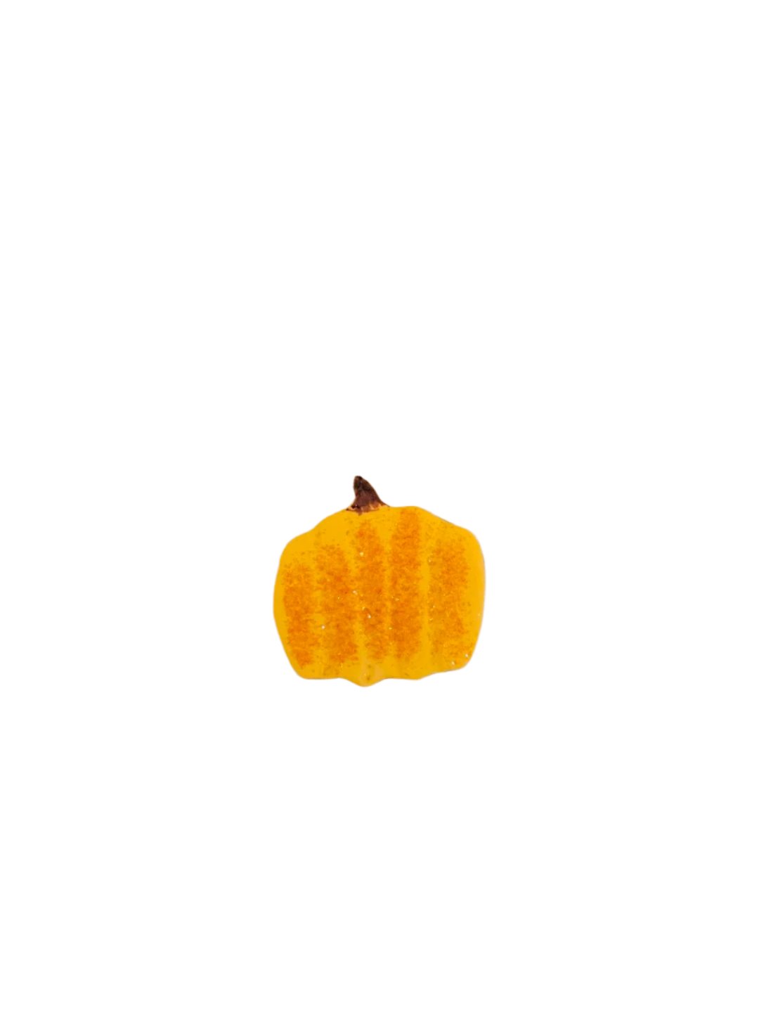 A set of eleven handcrafted fondant toppers shaped like pumpkins and finished with a dusting of orange glitter.