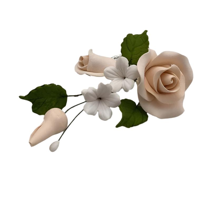 This Apricot/Peach Petite Rose Spray captures the delicate beauty of a lifelike rose, enhanced with:
Soft apricot/peach rose petals
White filler blossoms
Green leaves for a natural finish