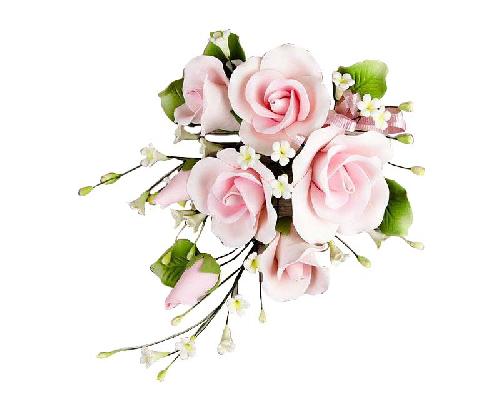 Large, assorted pink rose sugar paste spray with wired leaves and filler flowers, ideal for statement cakes.