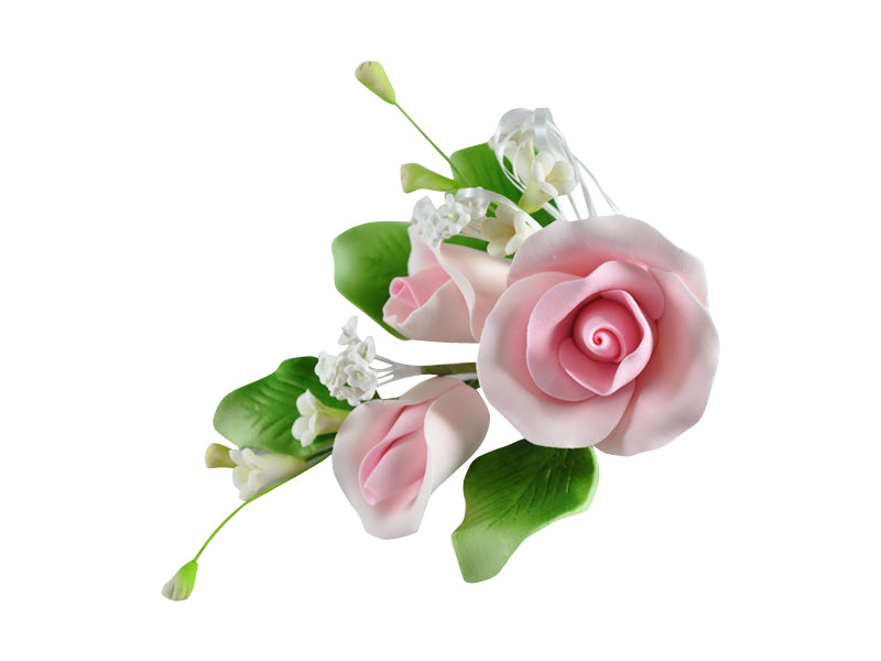 Small pink rose sugar paste spray with wired leaves and filler flowers, perfect for romantic cake designs.