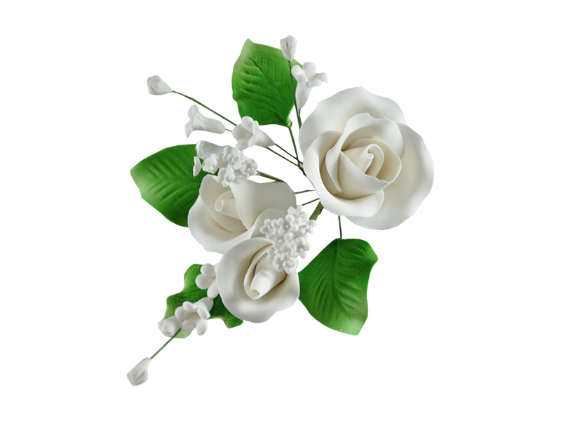 Small white rose sugar paste spray with wired leaves and filler flowers, perfect for elegant cakes.