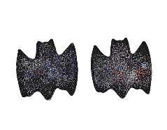Two flat bat-shaped icing decorations with a glittery black finish.