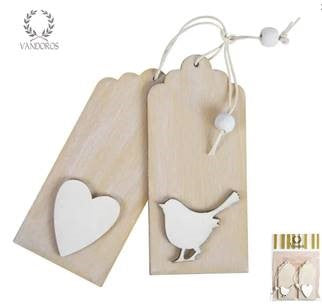 Two lightweight wooden gift tags — one bird design and one heart design — shown as rustic accessories suitable for gifts or pot plant decoration.