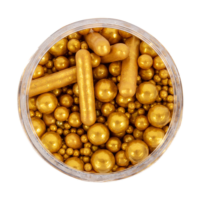 Looking to take your baked goods to the next level?
Look no further than Bubble & Bounce Matte Gold Sprinkles!
With its wide mouthed, easy to access jar, this 75g jar is filled with a mix of various sized cachous and rods.
Say goodbye to messy spice shakers and hello to effortless decorating!