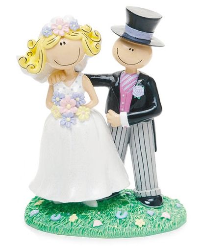 11cm comical Bride and Groom cake topper in bright cartoon colours, standing together and smiling. A fun decoration for wedding or engagement cakes.
