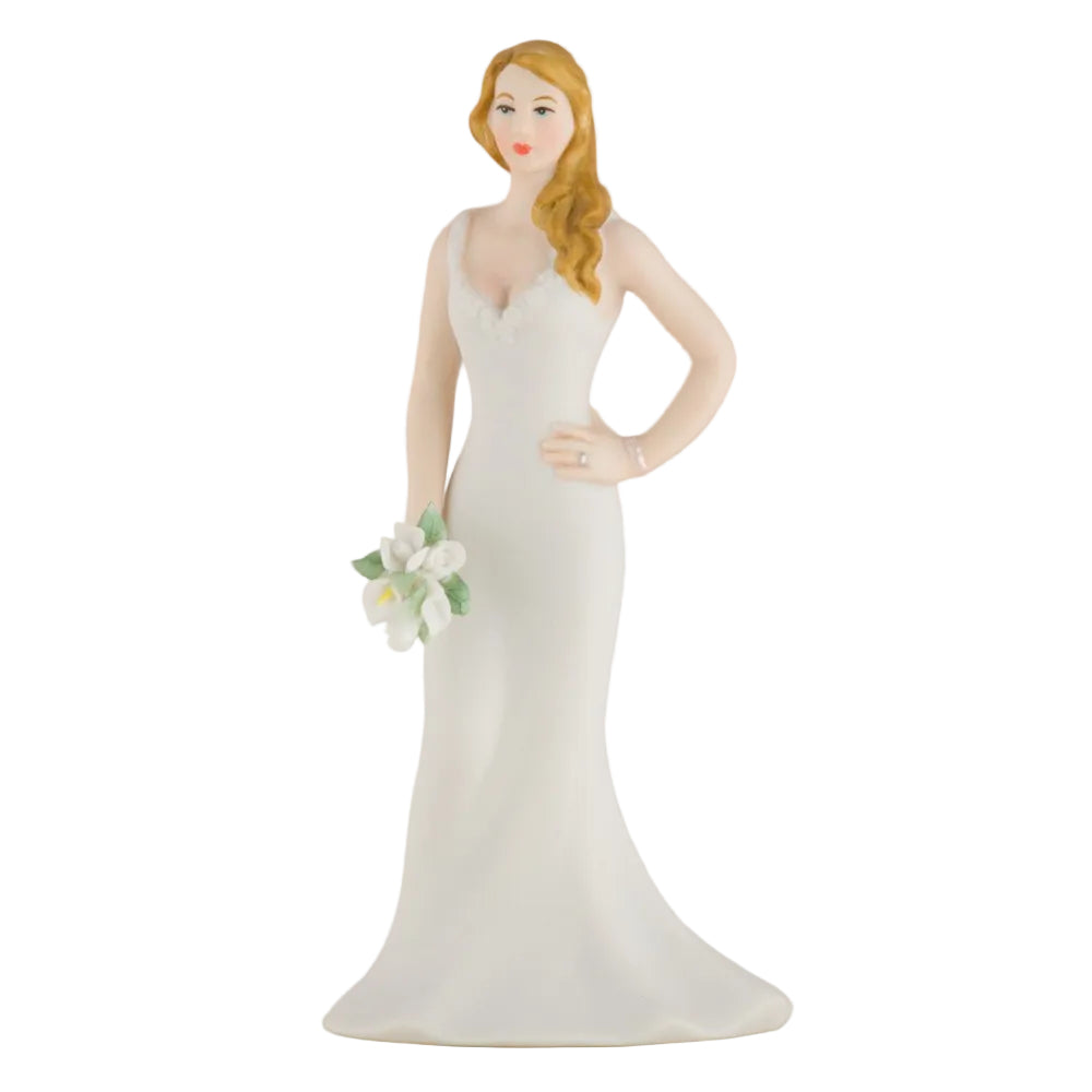 Hand‑painted porcelain curvy bride cake topper, 14cm tall.