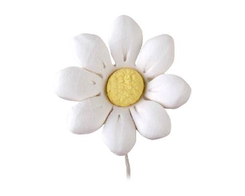 White daisy sugar paste flower with yellow center and wired stem for cheerful cake designs.