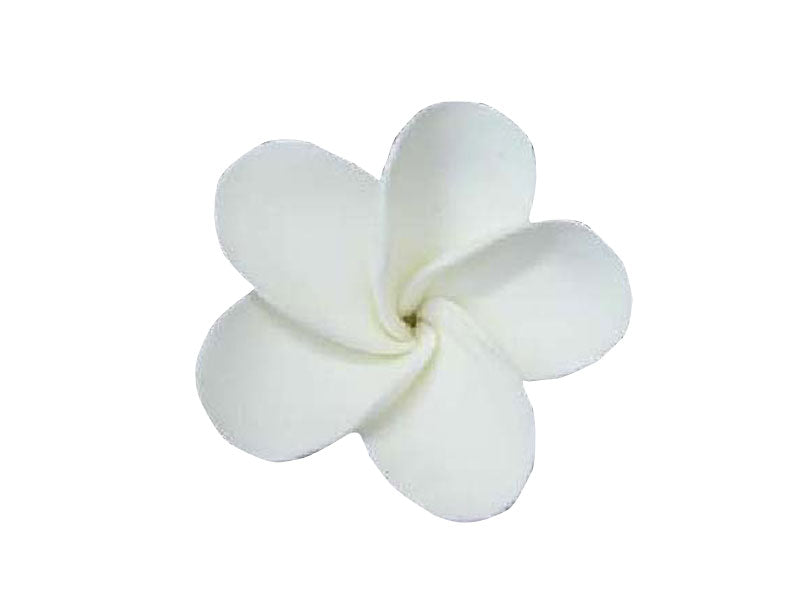 White frangipani sugar paste flower with wire, medium size, ideal for tropical and wedding cake designs.