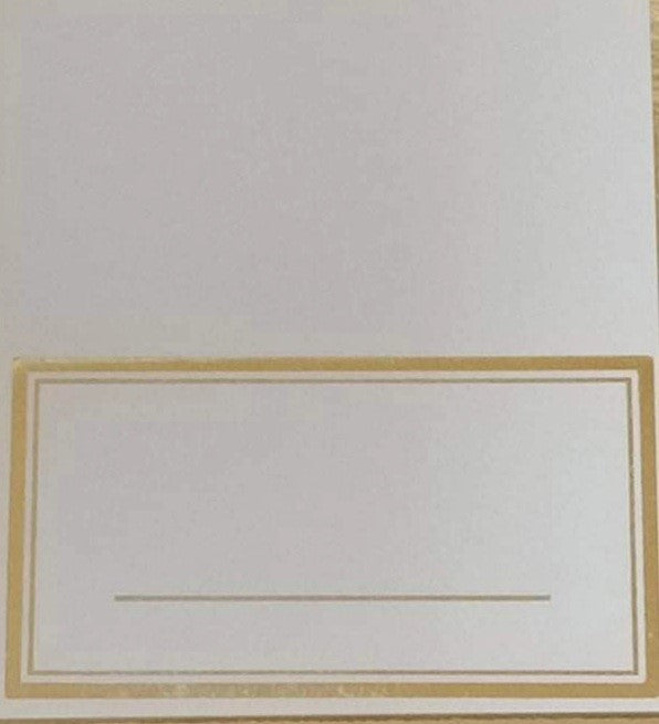 Pack of 20 white place cards with gold foil print and plain edges, 4" x 3.5", suitable for baby showers, 1st birthdays and elegant table settings.
