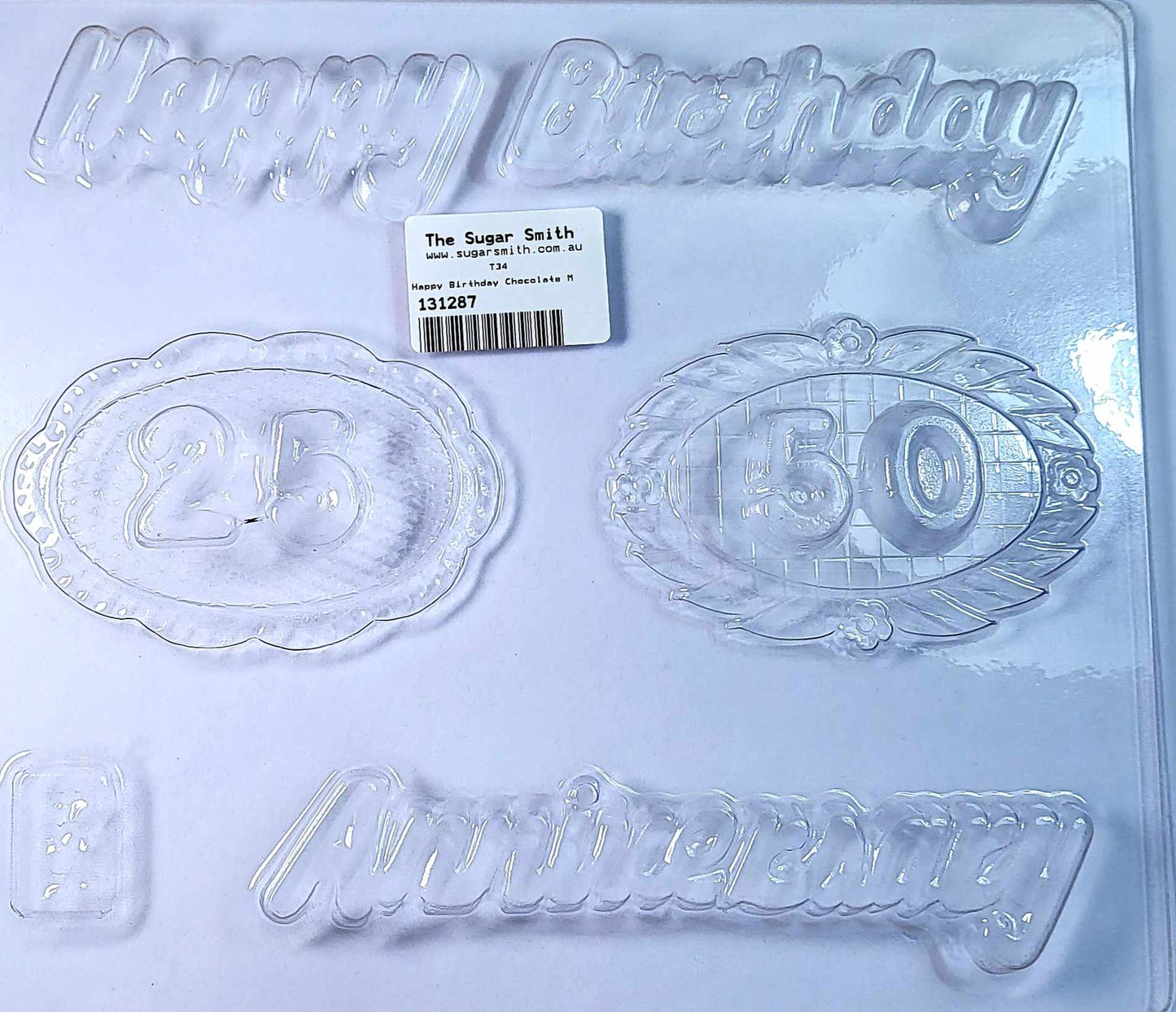Crafted from food-safe plastic, this mould is ideal for use with chocolate, fondant, candy melts, or isomalt, delivering crisp, elegant results for any celebration.
“Happy Birthday” wording “25th” plaque, “50th” plaque, “Anniversary” wording