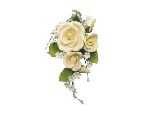 Ivory trio garden rose sugar paste spray with wired leaves and filler flowers for elegant cakes.