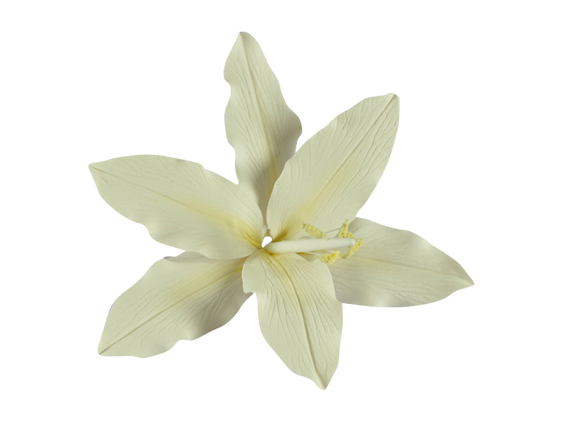 white lily flower with yellow center Lily White with Yellow/Green Centre – Wired Gum Paste Flower | Large