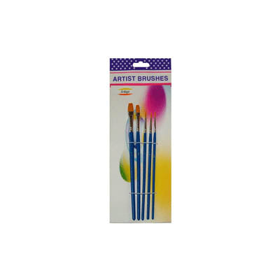 A set of 5 blue-handled paint brushes packaged in a clear plastic case with a purple dot pattern and a label that reads 'Artist Brushes'.