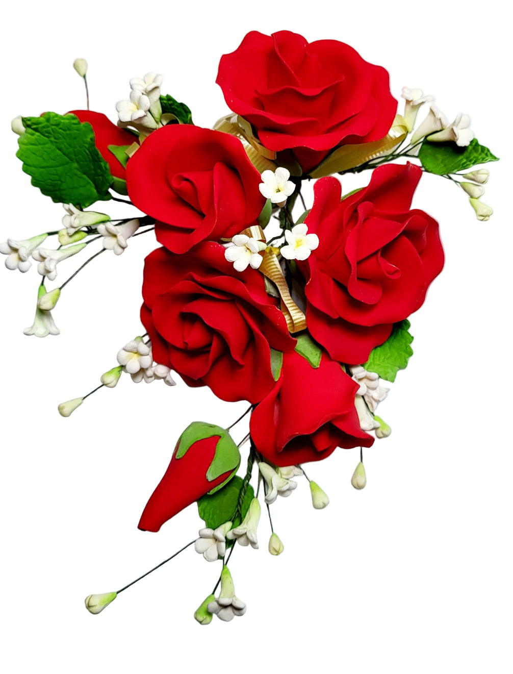 Large red rose sugar paste spray with wired leaves and white filler flowers, perfect for statement cakes.