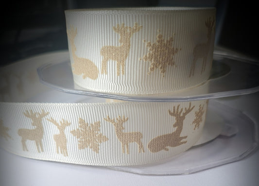 Ivory Ribbed Ribbon with Gold Sparkle Reindeer & Star