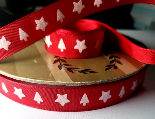 Red Ribbon with White Iridescent Stars & Christmas Tree