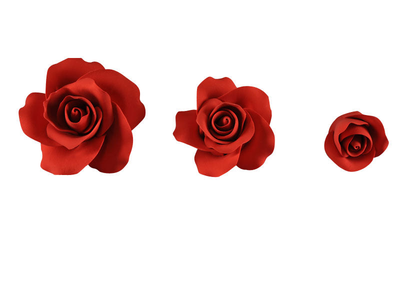 Beautiful Roses in Red made out of sugar paste comes in a set of 3 different sizes .