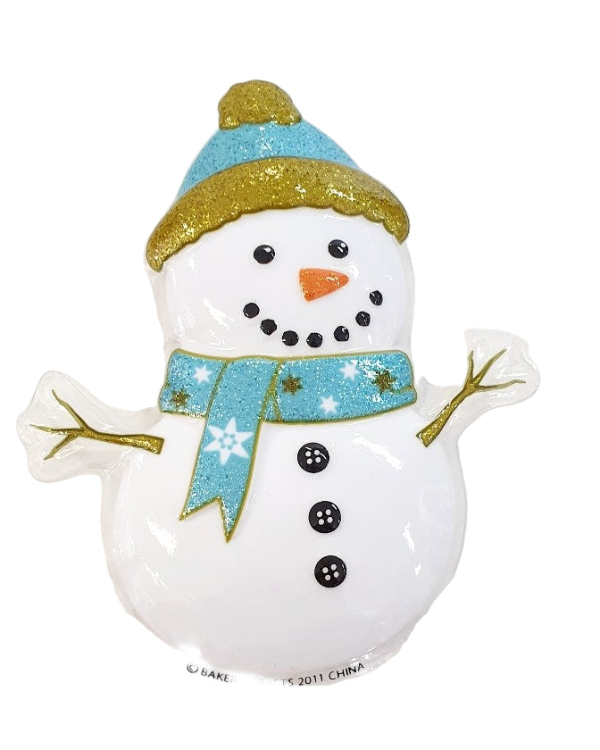 A 2D plastic snowman pop top cake decoration with a blue and gold hat, white body, and black and gold accents.