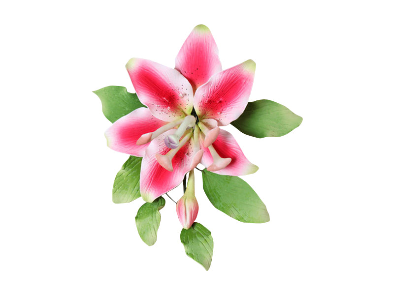A wired Stargazer lily spray with pink petals and green leaves designed for cake decoration.