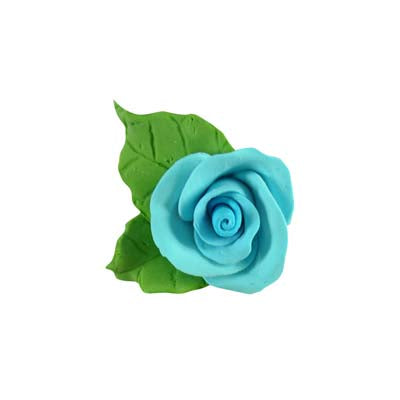 Add a cool, calming touch to your cupcakes and cakes with our Tea Rose Blue with Leaves, crafted from sugar paste. This petite decoration features a single blue tea rose paired with two green leaves, offering a unique and elegant finish.