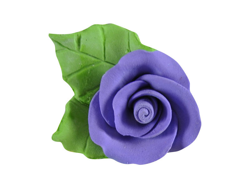 Add a soft and whimsical touch to your cupcakes and cakes with our Tea Rose Lilac/Purple with Leaves, crafted from sugar paste. This petite decoration features a single lilac/purple tea rose paired with two green leaves, perfect for pastel-themed designs.