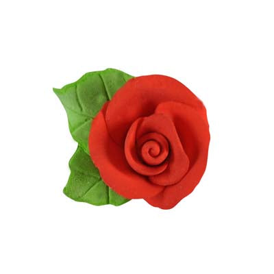 Add a pop of colour to your cupcakes and cakes with our Tea Rose Red with Leaves, crafted from sugar paste. This petite decoration features a single red tea rose paired with two green leaves, offering a vibrant and elegant finish.