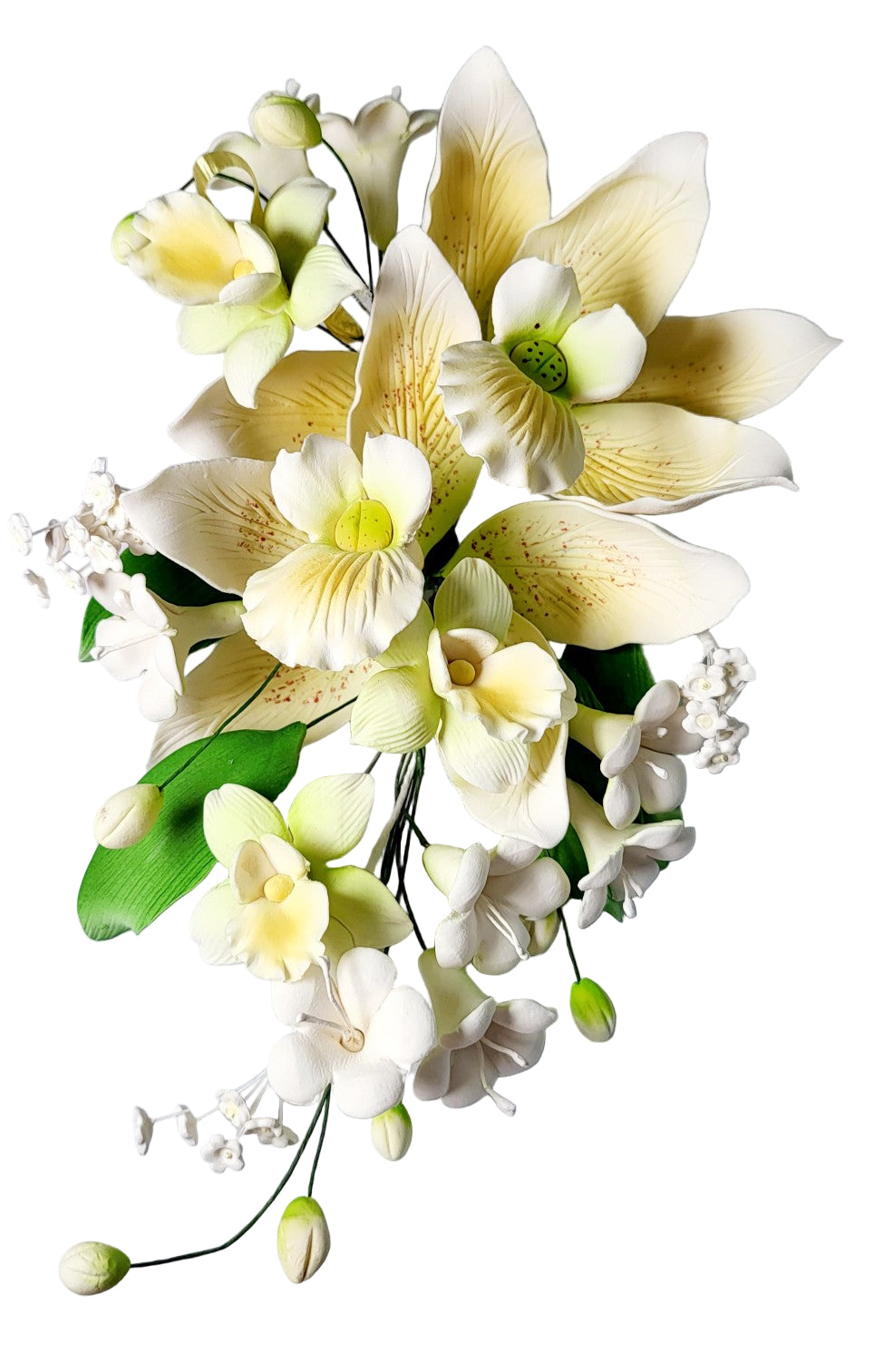 Tropical orchid sugar paste spray with wired orchids and filler flowers, ready to place on cakes.