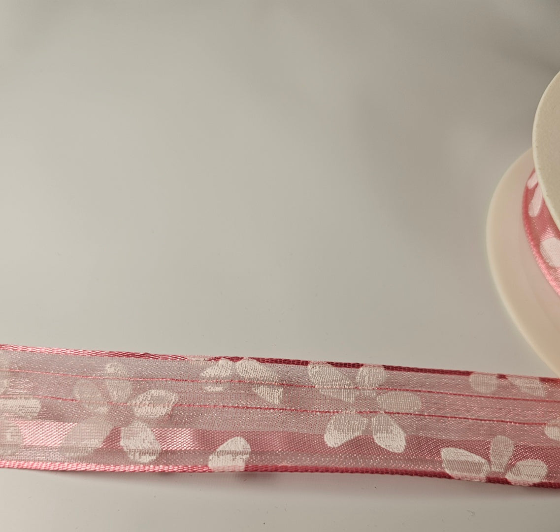 Sheer Pink Ribbon with White Flower Print – 25mm × 2.42m