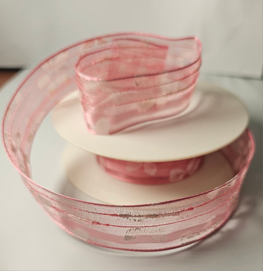 Sheer Pink Ribbon with White Flower Print 25mm 2.42m