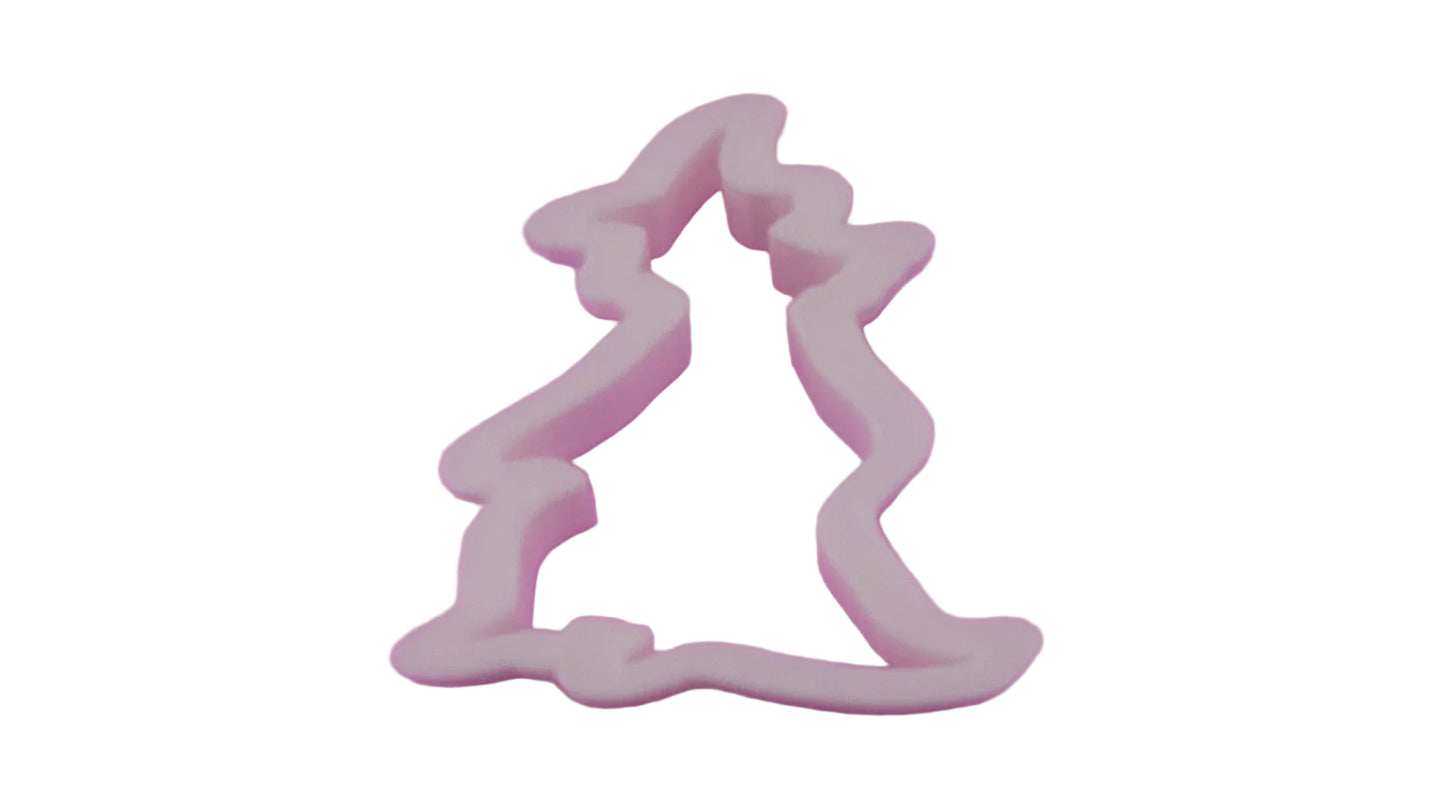 3D printed flying witch cookie cutter in food‑safe plastic, designed for fondant and cookie dough. Made in Australia by The Sugar Smith