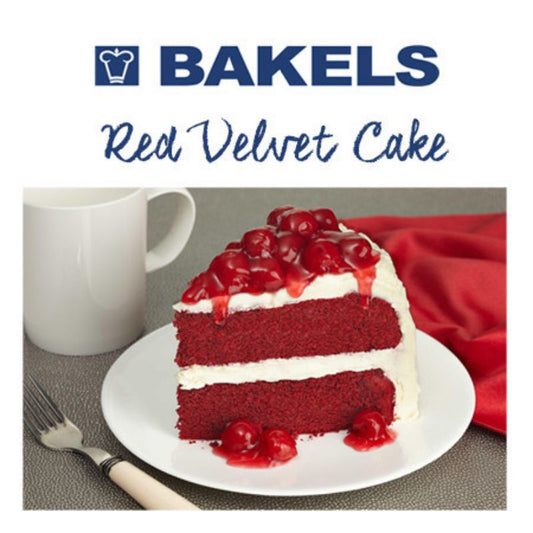 “1kg Bakels Red Velvet Mud Cake Mix in resealable bag, chocolate‑raspberry flavour.”