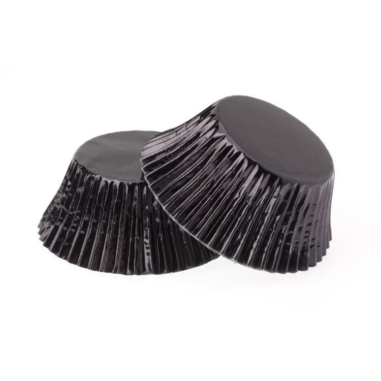 Two black foil cupcake cases with a textured exterior, designed for baking and serving cupcakes.