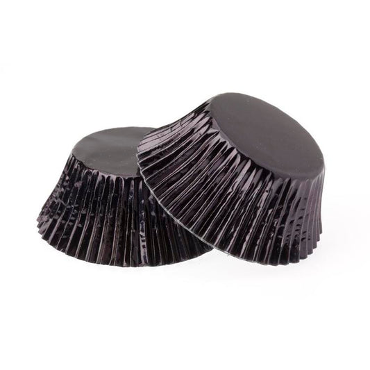 Two black foil cupcake cases with a textured exterior, designed for baking and serving cupcakes.