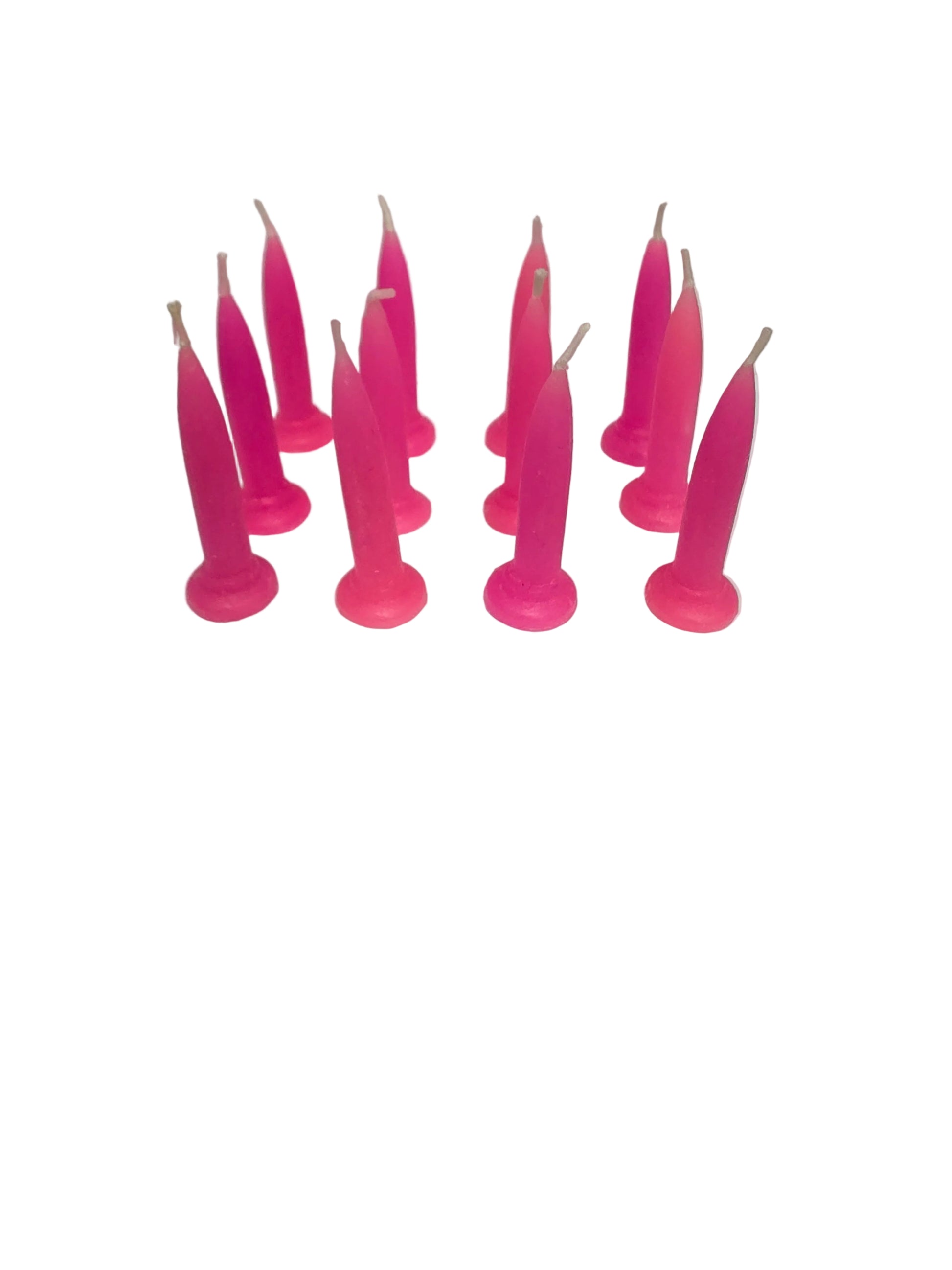 “Packet of 12 Hot Pink bullet candles arranged upright, bold colour suitable for birthday cakes.