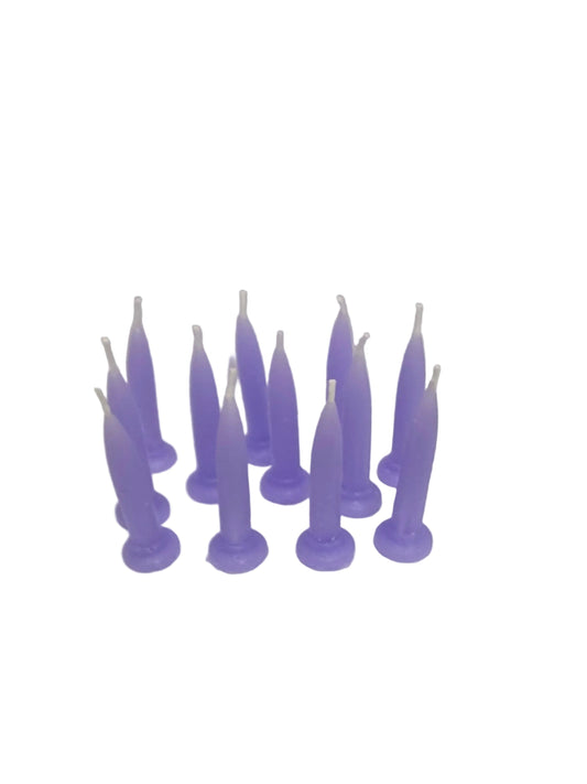 Packet of 12 lavender bullet candles arranged upright, soft pastel colour suitable for birthday cakes.