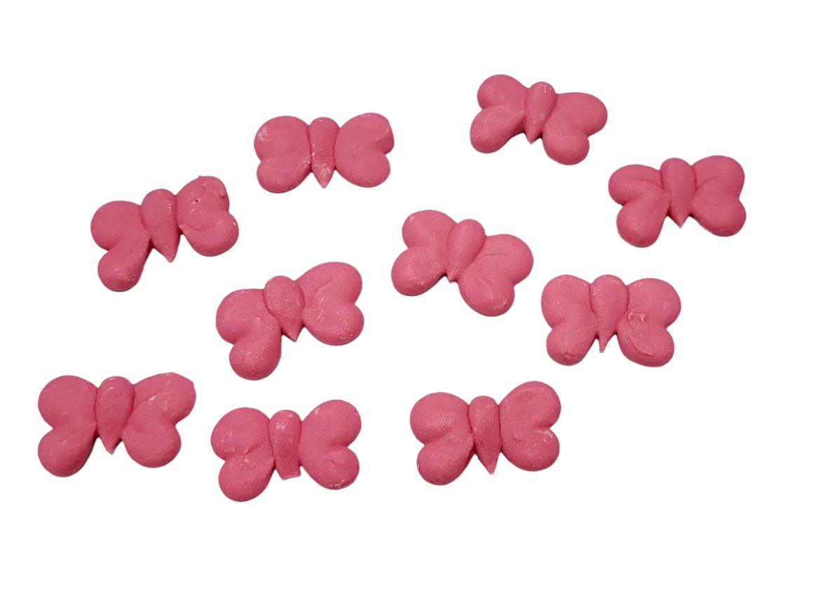 Set of 10 magenta pink butterfly royal icing decorations, 2.5cm x 1.5cm, perfect for elegant cakes and cupcakes.