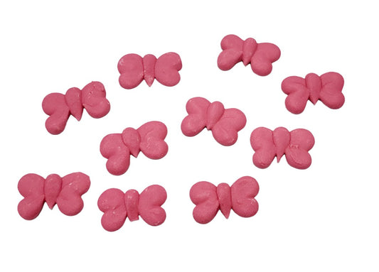 Set of 10 magenta pink butterfly royal icing decorations, 2.5cm x 1.5cm, perfect for elegant cakes and cupcakes.