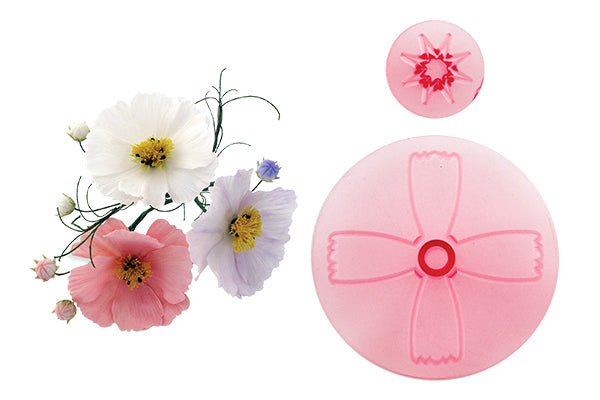 JEM Cosmos & Calyx Set 2 cutters for sugar flowers, including 68 mm Cosmos and 20 mm Calyx shapes, displayed on a clean background. Available at The Sugar Smith.