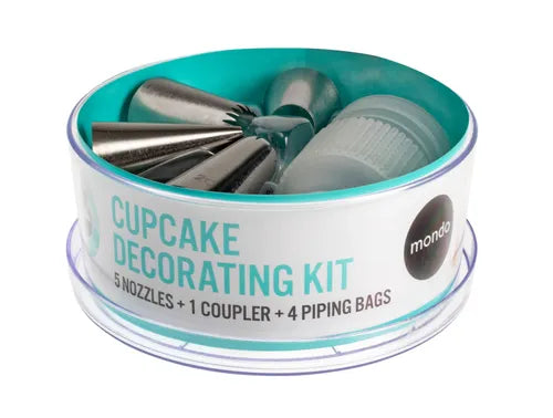 Cupcake decorating set 10-piece kit with piping bags, coupler, and nozzles.