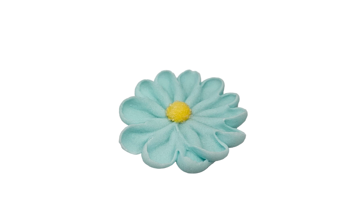 Light blue flower-shaped object with a yellow center on a white background