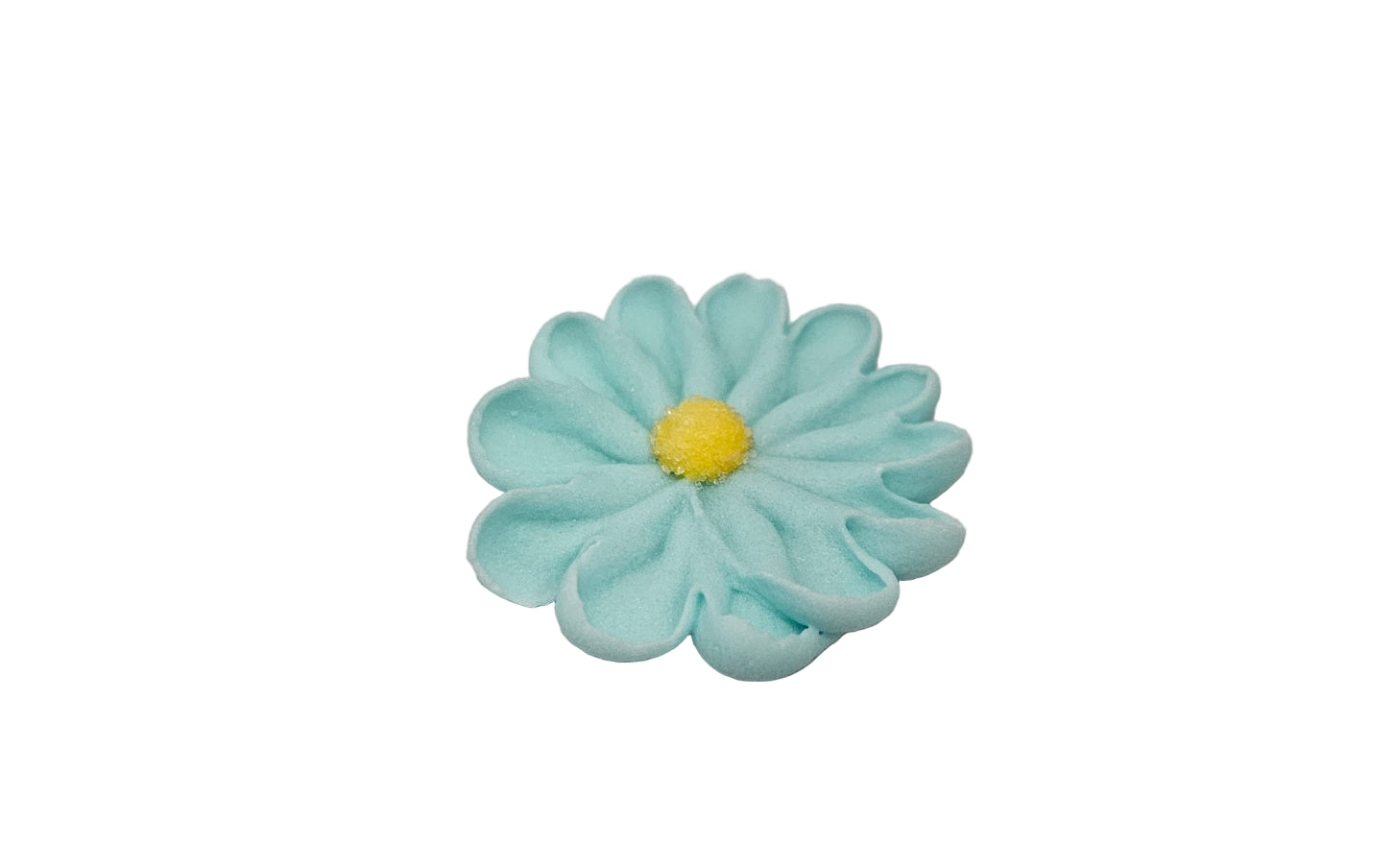 Light blue flower-shaped object with a yellow center on a white background
