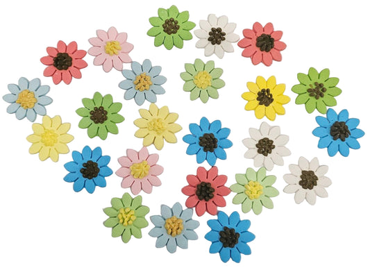 Sugar paste daisy decorations in assorted colours, flat back, approx. 3.2cm, pack of 24