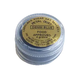 Small 4g pot of Caroline’s Denim Blue Petal Dust in a deep blue shade, used for colouring sugar flowers and fondant decorations
