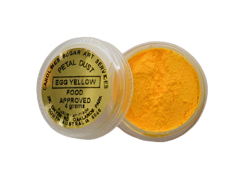 A small open container of egg yellow petal dust, with a label indicating it is edible, non-toxic, and approved for food use. The product is in a clear plastic jar with a yellow lid.