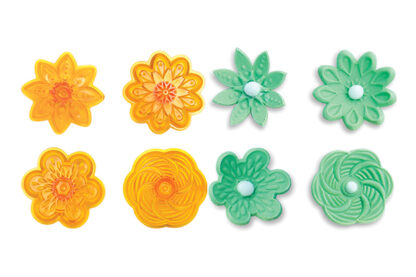 Fantasy Cupcake Tops Set of 4 JEM flower‑shaped cutters, approx. 40 mm each, displayed on a clean background. Available at The Sugar Smith.