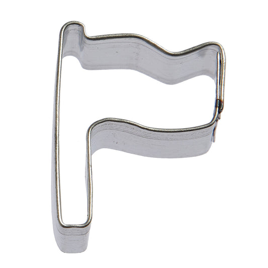 Small flag‑shaped cookie cutter made of tin‑plated steel, approx. 1.25 inches, designed for clean, crisp cuts in cakes or cookies.